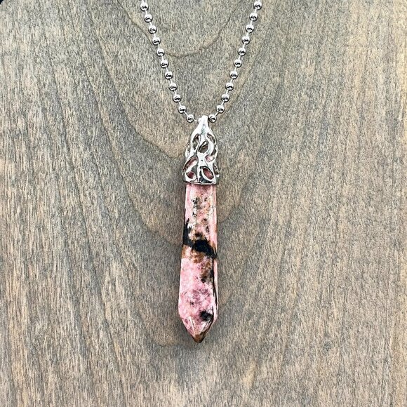 Rhodonite Gemstone Point Pendant Handmade - Picture 3 of 7